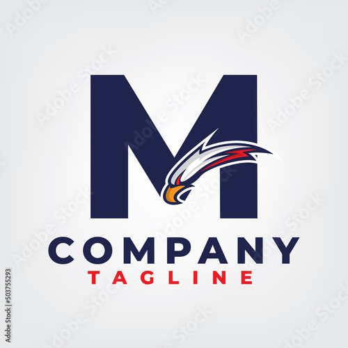 Eagle esport design with letter M logo template, eagle head mascot esport logo design