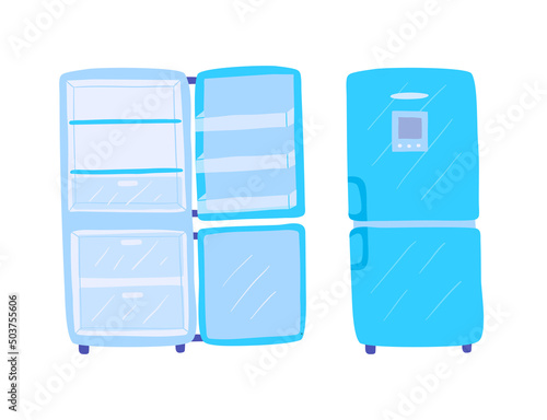 Cartoon Color Closed and Open View Empty Fridge Set Flat Design Style Kitchen Appliance. Vector illustration of Refrigerator