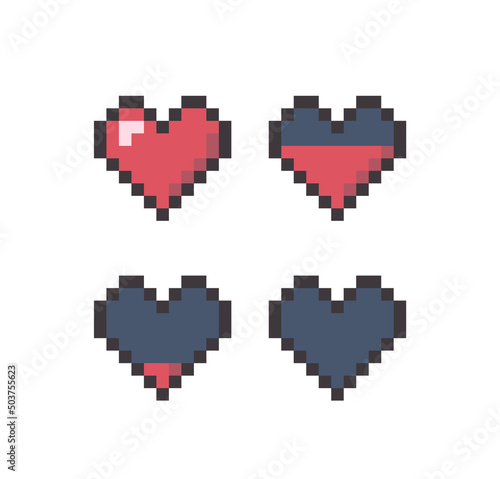 Cartoon Color Pixel Heart Sign Icon Set Flat Design Style Concept. Vector illustration of Empty and Full Buttons