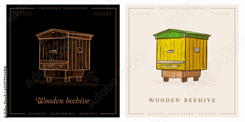 Wooden bee hives sketch beekeeping illustration