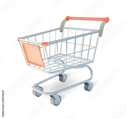 3d Metal Shopping Cart Plasticine Cartoon Style Isolated on a White Background. Vector illustration of Trolley Market