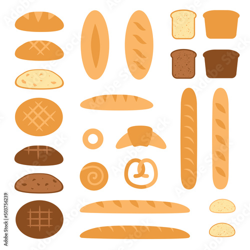 Set of bread on a white background in the cartoon style. Fresh and testy rye and wheat bread, croissant, pretzel, bagel, roll, toast bread, baguette.