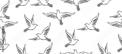 Seamless flying pigeon background in line art style and vector shapes