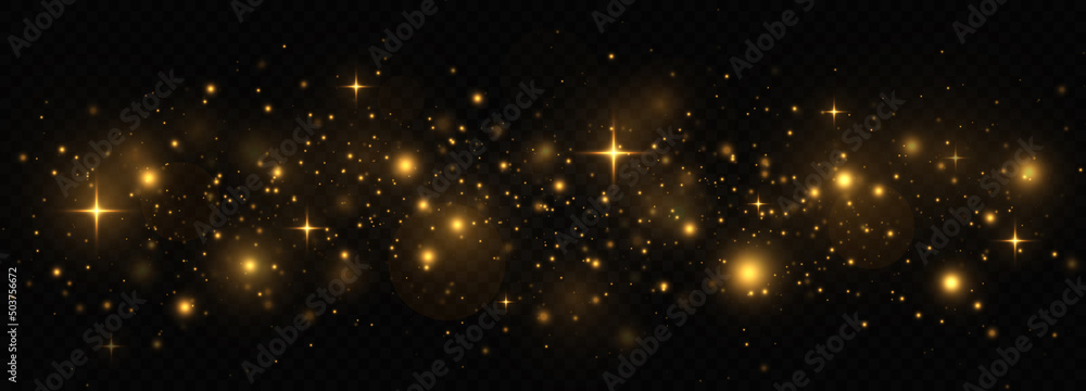 Fototapeta premium Golden shimmering background with light effect. The dust sparks and golden stars shine with special light on a transparent background. Christmas concept.