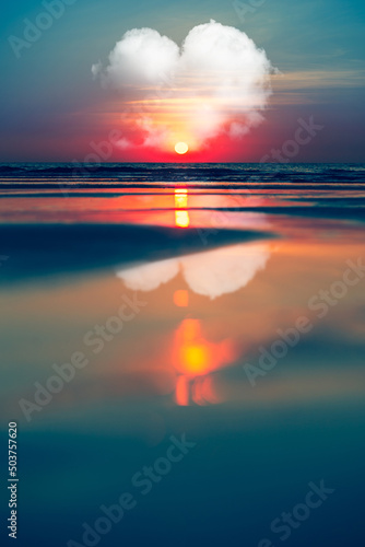 Beautiful Landscape Ocean Summer sunset Natural background Vertical blurred front bokeh  Double Exposure Heart-shaped cloud © photosky99