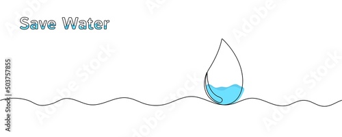 Blue color drop line art. World Water Day concept in one line style. Outline raindrop on white background with liquid waves. Vector card illustrations for environment poster