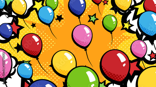 アメコミ風のバルーンリリースの背景_風船飛ばしのイラスト_16:9
