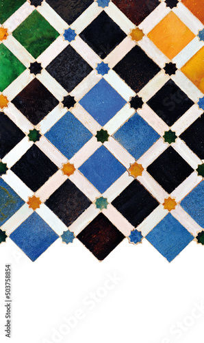 Arabic tile from the Alhambra in Granada. Silhouetted image with blank space for text photo