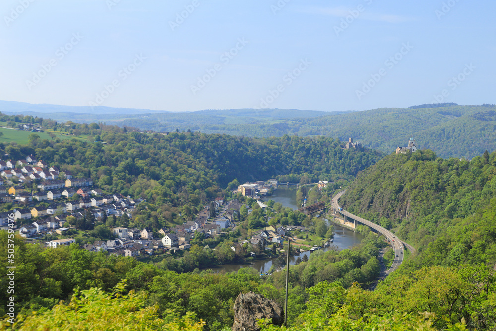 View from the Ruppertsklamm hiking trail the village Lahnstein, the Lahn and in the background the Lahneck Castle and the All Saints' mountains chapel (Allerheiligenbergkapelle), Germany
