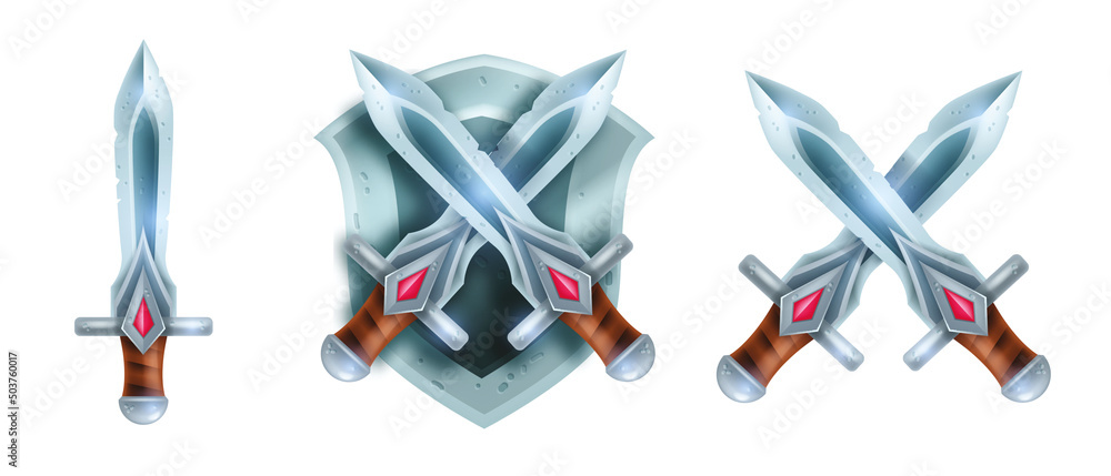 Sword Ui Grafika wektorowa Stock: Game shield UI icon set, warrior coat of arms ...