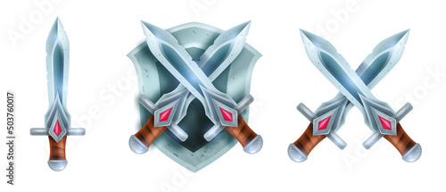 Game shield UI icon set, warrior coat of arms on white, vector crossed iron medieval swords logo. Metal silver blade, knight weapon assets, winner badge, royal king armor. Old defense shield and sword