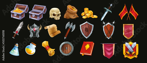 Fantasy game vector icon set, wooden warrior shield, full gold chest, potion, medieval UI game badge. Magic RPG objects kit, old papyrus, standard, knight weapon, iron helmet. Game icon collection