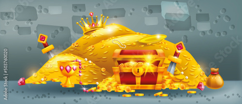 Gold treasure vector cartoon illustration, pirate full money trunk, king crown medieval coin pile. Secret ancient chest, hidden dungeon wealth, fantasy adventure game trophy. Gold treasure clipart
