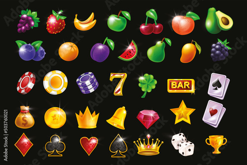 Casino slot game vector icon set, gambling machine UI badge kit, golden award crown, glossy fruit. Classic Vegas jackpot symbol, lucky bonus chips, playing cards, bar sign. Shiny 3D casino icon assets