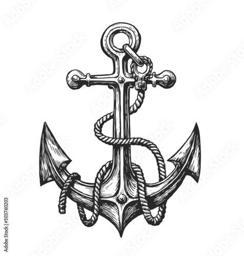 Nautical ship anchor with rope in vintage engraving style. Marine concept, seafaring symbol. Sketch vector illustration