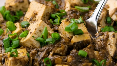 Eating Vegan Mapo tofu with mushroom and rice. Asian, Chinese food