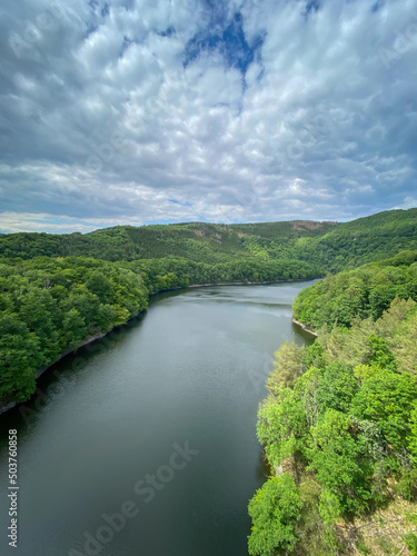 Scenic view of Urft Reservoir at Nationalpark Eifel in Germany.