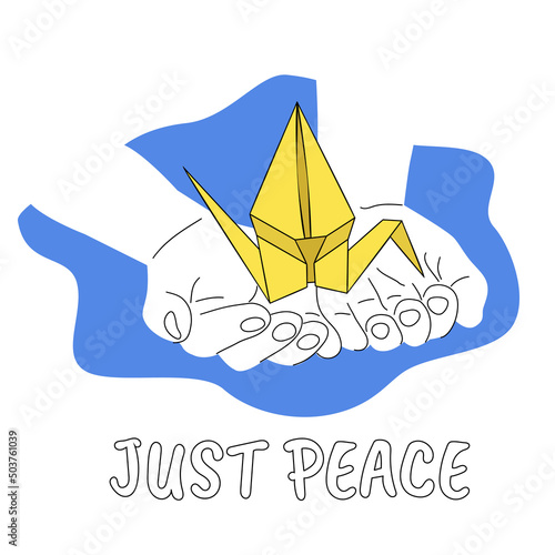 Open children hands with origami crane in blue yellow colors, peace no war concept and just peace script, japanese symbol against atom bomb vector illustration