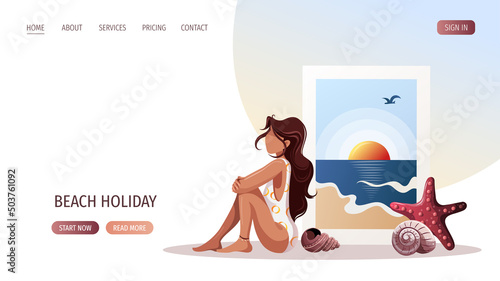 Woman in swimsuit and sea beach photography. Beach Holidays, Summer vacation, Leisure, Recreation concept. Vector Illustration.