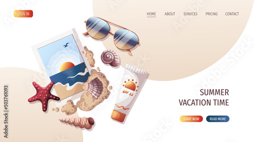 Sea beach photography, seashells, sand, sunglasses, sunscreen. Beach Holidays, Summer,  marine nature concept. Vector Illustration.