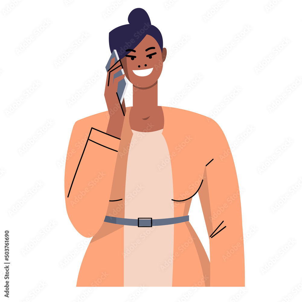 Fototapeta premium Dark-skinned elegant woman talking on cell phone. Smiling, happy girl calling. Business telephone conversation, conversation with friends and relatives. Flat style on white. Vector.