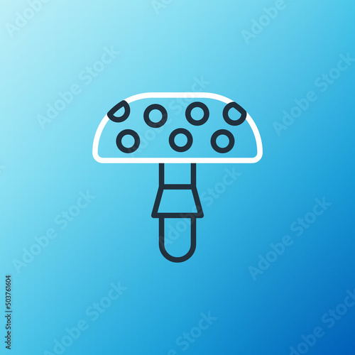 Line Amanita muscaria or fly agaric hallucinogenic toadstool mushroom icon isolated on blue background. Spotted poisonous mushroom. Colorful outline concept. Vector