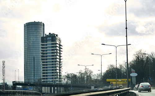 City scape with high rise buildings at sunrise as viewed from a city over bridge at Kolkata, India.
