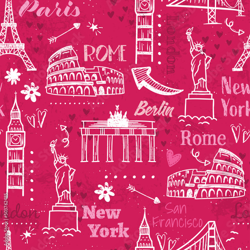 Hand drawn doodle sights seamless pattern, travel background, great for textiles, wrapping, banners, wallpapers - vector design