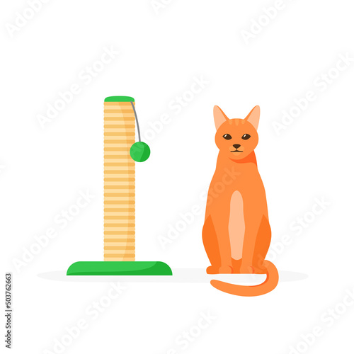 Cat and scratching post. Rope posts for cat to sharpen claws. Cat tree with toys. Supplies and accessories for domestic pets. Flat style vector 