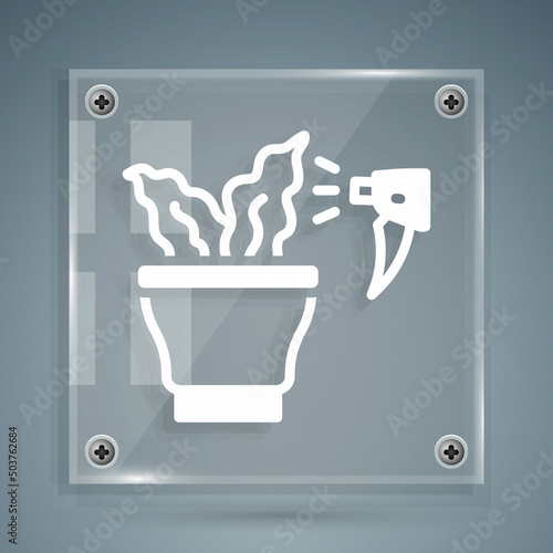 White Spraying a house plant with a spray gun icon isolated on grey background. Moistening of foliage. Care for home flowers. Square glass panels. Vector