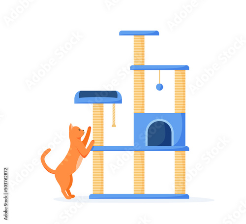 Cat tree with scratching posts and toys. Cute red cat sharpens claws on cat tower. Cat playground and house with claw sharpeners. Flat style vector