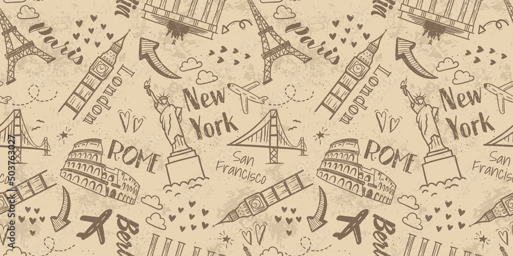 Hand drawn doodle sights seamless pattern, travel background, great for textiles, wrapping, banners, wallpapers - vector design