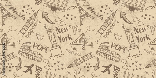 Hand drawn doodle sights seamless pattern, travel background, great for textiles, wrapping, banners, wallpapers - vector design