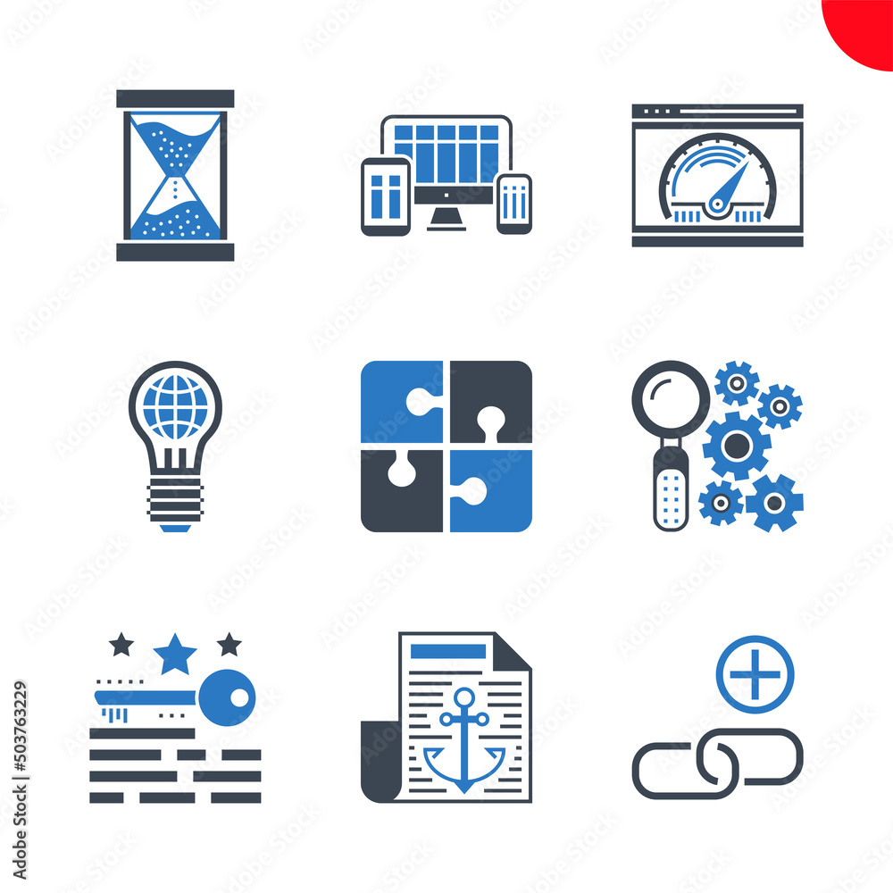 SEO Line Icons Set. SEO Related Line Icons. Anchor text, campaign timing, keywords ranking, active search, global solution, responsive web design, link building, page speed