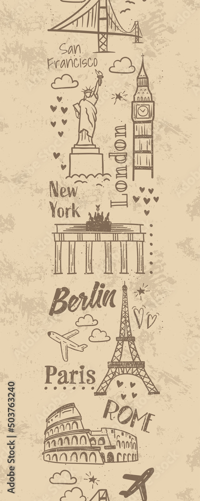 Hand drawn doodle sights seamless pattern, travel background, great for textiles, wrapping, banners, wallpapers - vector design Hand drawn doodle sights seamless pattern, travel background, great for textiles, wrapping, banners, wallpapers - vector design