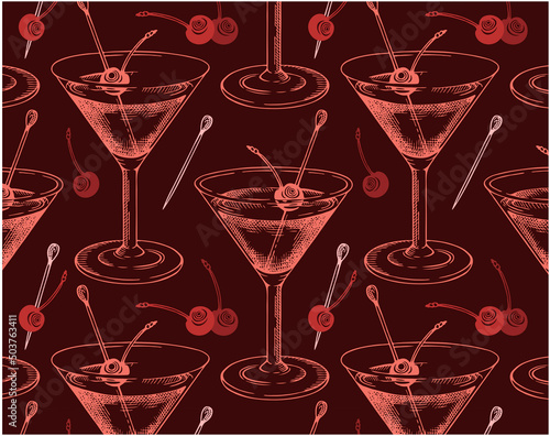 Sketch hand drawn pattern of Manhattan cocktail in glass with brandied cherry isolated on red background. Line art drawing alcohol drink. Bar menu. Vintage beverage wallpaper. Vector illustration.