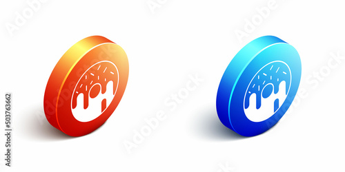 Isometric Donut with sweet glaze icon isolated on white background. Orange and blue circle button. Vector