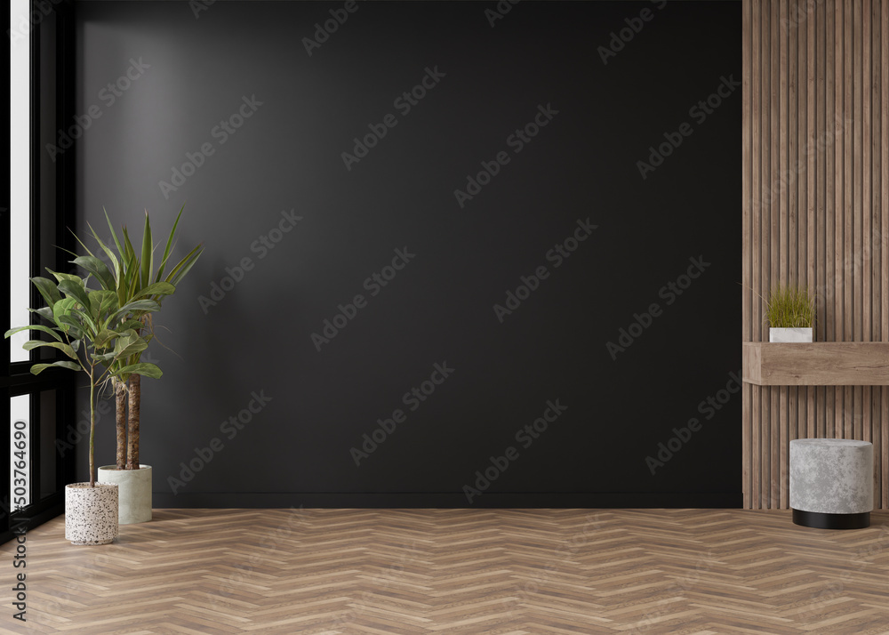 Empty room, black wall and parquet floor. Indoor plants. Mock up interior. Free, copy space for your furniture, picture and other objects. 3D rendering. - obrazy, fototapety, plakaty 