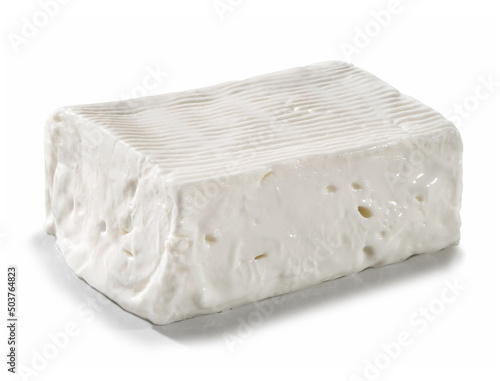 large portion of soft and spreadable fresh cheese, placed on a white surface 