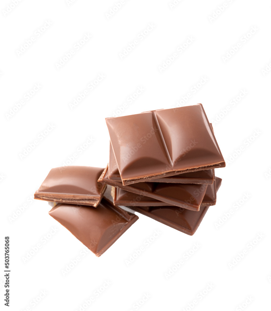 Slices of delicious milk chocolate isolated on white background. Chocolate bar. Sweets with cocoa butter. Slices of delicious milk chocolate isolated on white background. Chocolate bar. Sweets with cocoa butter.