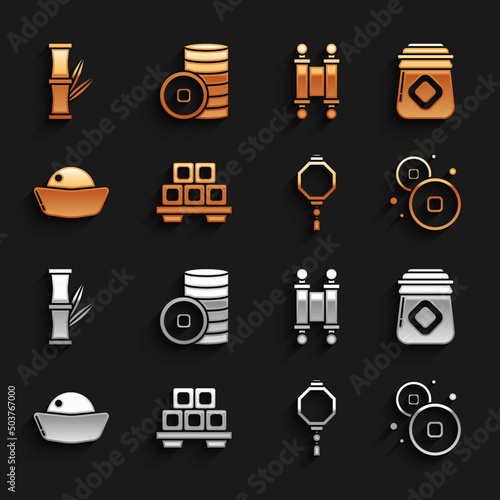 Set Sushi on cutting board, Jar of honey, Chinese Yuan currency, paper lantern, Decree, paper, parchment, scroll, Bamboo and icon. Vector