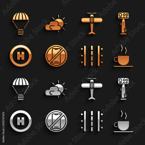 Set No cell phone, Aircraft steering helm, Coffee cup, Airport runway, Helicopter landing pad, Plane, Box flying parachute and Sun cloud weather icon. Vector