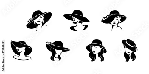 Portraits of ladies with elegant hats on white background. Set of beauty logo design. Vector illustration of beautiful women.