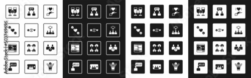 Set Pleasant relationship, Romantic, Friends drinking alcohol, Project team base, BFF or best friends forever, Complicated and Chat messages laptop icon. Vector