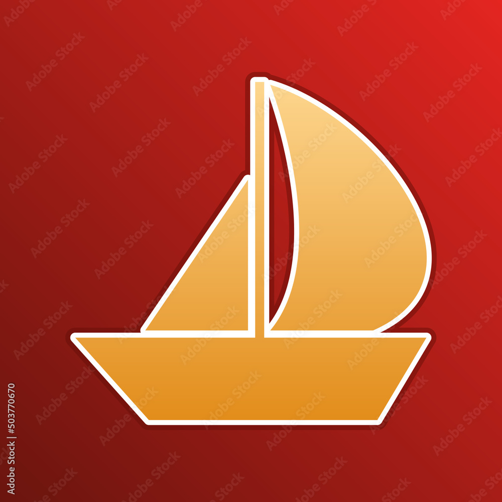 Fototapeta premium Sail Boat sign. Golden gradient Icon with contours on redish Background. Illustration.