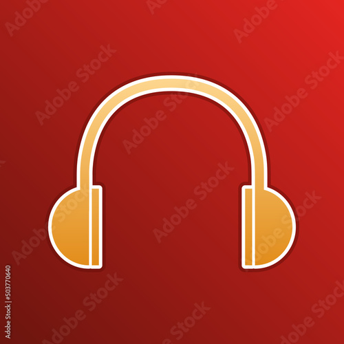 Headphones sign illustration. Golden gradient Icon with contours on redish Background. Illustration.