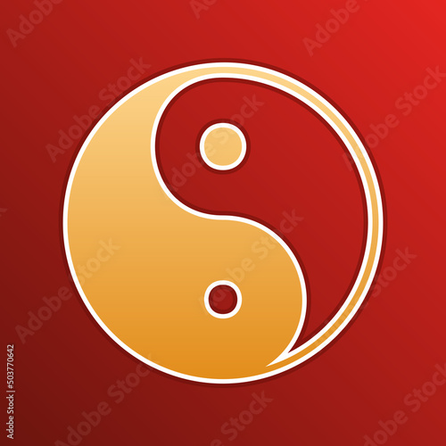 Ying yang symbol of harmony and balance. Golden gradient Icon with contours on redish Background. Illustration.