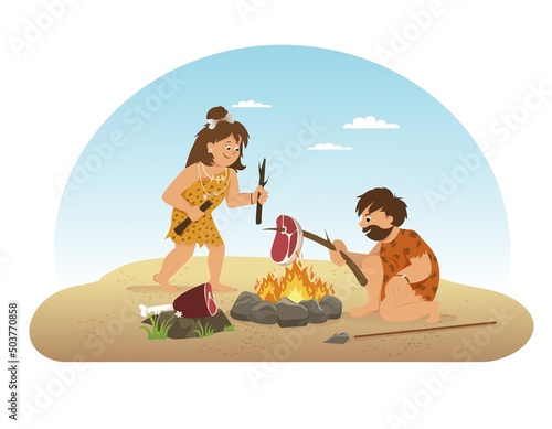 Stone Age people in flat vector illustrations. Prehistoric life. Primitive man cooks dinner, cartoon characters have dinner. Drawing of cavemen's food. Hunting of ancient times, kitchen tools