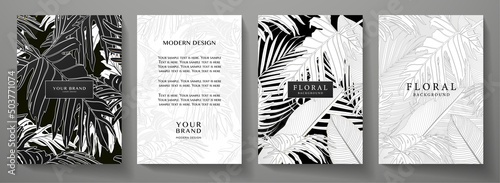 Tropical cover design set with abstract palm leaf pattern (palm tree leaves in lines). Premium black, white vector background useful for brochure template, exotic restaurant menu, lux invitation