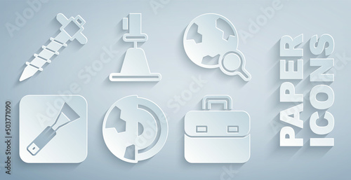 Set Earth core structure crust, Magnifying glass with globe, Paint brush, Briefcase, Tacheometer, theodolite and Construction jackhammer icon. Vector